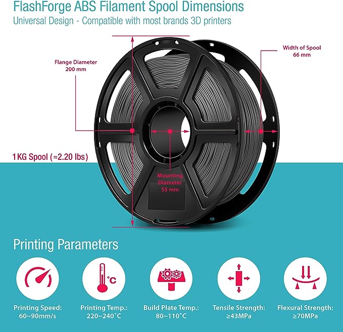 Flashforge ABS 3D Printing Filament Grey, 1.75MM, Net Weight -1KG